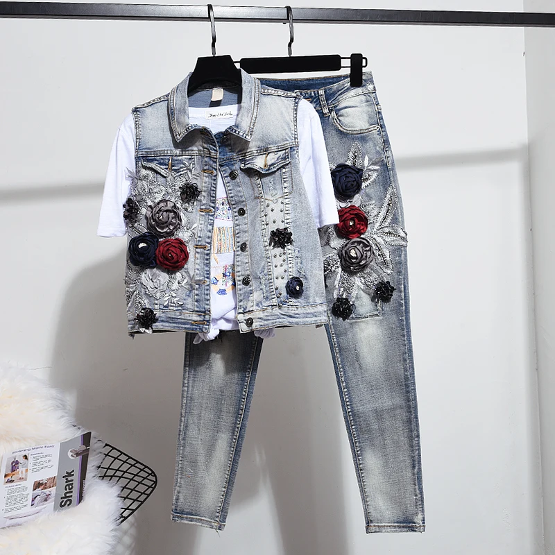 Fashion Suits Jeans Sets for Women Two Piece Set Spring Autumn New Stereo Flower Waistcoat Denim Vest Suit Trousers Pantsuit
Fashion Suits Jeans Sets for Women Two Piece Set Spring Autumn New Stereo Flower Waistcoat Denim Vest Suit Trousers Pantsuit