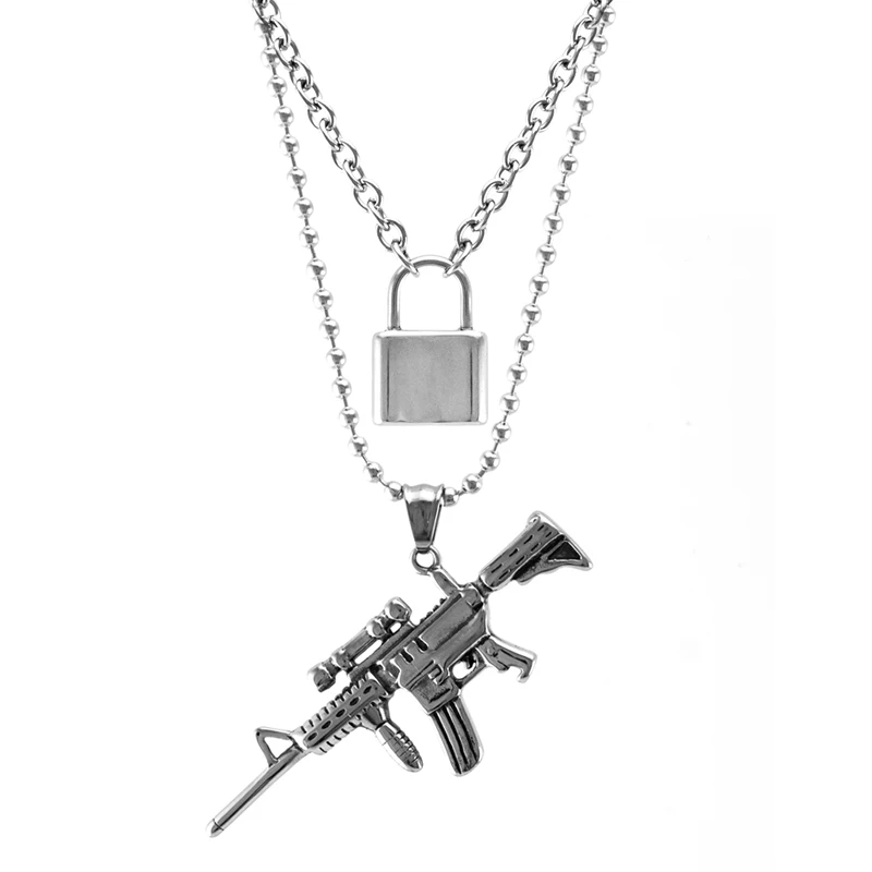 Men Women Jewelry Double Layer PadLock Necklace Square Lock M16 rifle Gun Stainless Steel Choker Metal Collar Friendship gift
Men Women Jewelry Double Layer PadLock Necklace Square Lock M16 rifle Gun Stainless Steel Choker Metal Collar Friendship gift