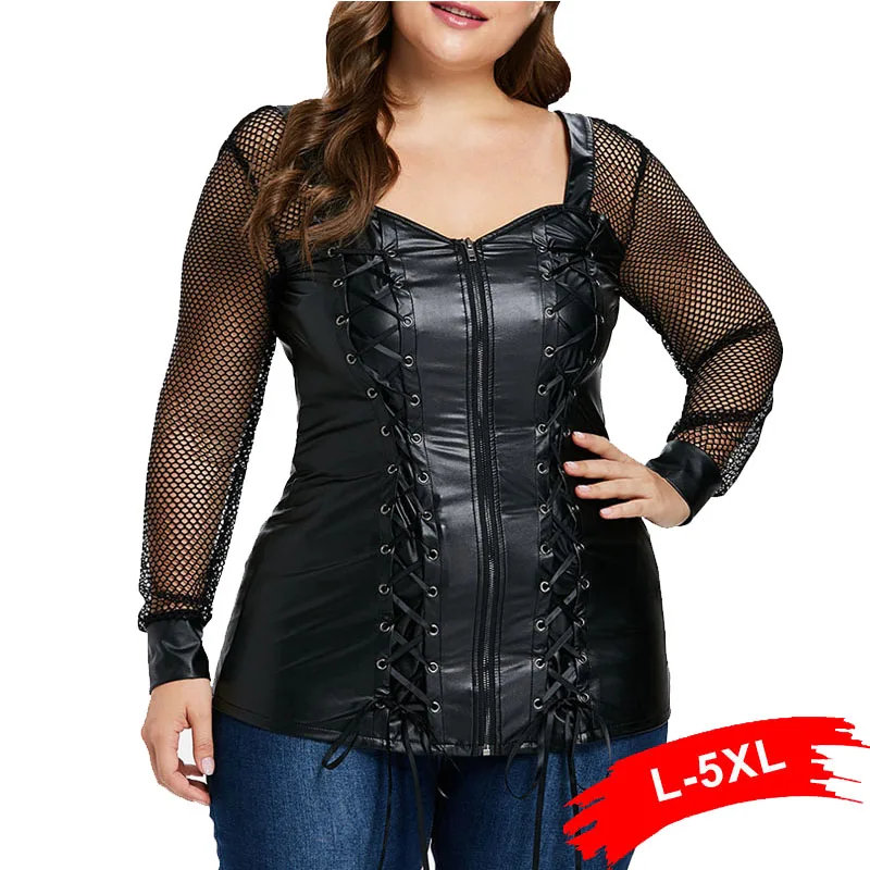 Plus Size Lace Up Zipper Front Pu Leather T-Shirt 3Xl 4Xl 5Xl Sexy Transparent Mesh Long Sleeve Bodycon Tops
Plus Size Lace Up Zipper Front Pu Leather T-Shirt 3Xl 4Xl 5Xl Sexy Transparent Mesh Long Sleeve Bodycon Tops
