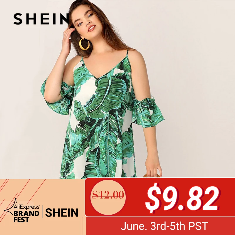 

SHEIN Plus Size Green Tropical Print Cold Shoulder Tunic Summer Dress Women Boho Beach Vacation V Neck Straight Loose Midi Dress