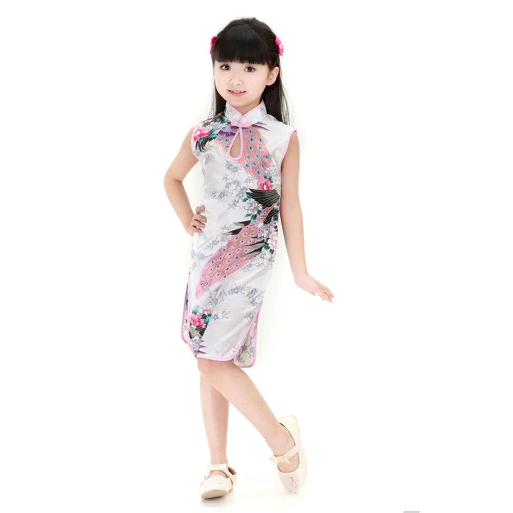 2Y-8Y Baby Girl Dress Peacock Sleeveless Slim Traditional Dress Cheongsam Girls Clothes Chinese Style Qipao baby chinese dress 2Y-8Y Baby Girl Dress Peacock Sleeveless Slim Traditional Dress Cheongsam Girls Clothes Chinese Style Qipao baby chinese dress