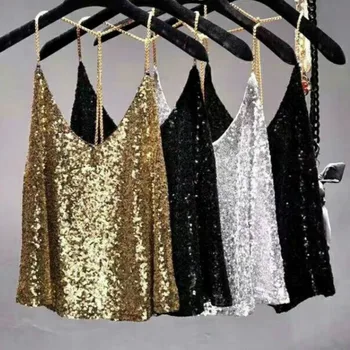 Sexy Club Metal Chains Sequins Halter Camisole women Beading Tank loose backless Gold metallic shiny straps Camis Party tops
Sexy Club Metal Chains Sequins Halter Camisole women Beading Tank loose backless Gold metallic shiny straps Camis Party tops