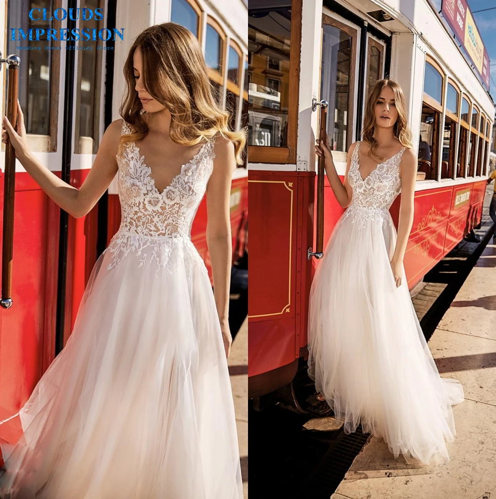

CLOUDS IMPRESSION Lace 2019 Beach Wedding Dress A Line BOHO Beading Sexy Vestige De Noiva Plus Size White Bridal Gown