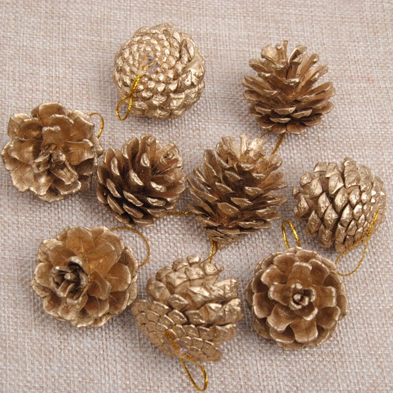 9Pcs DIY Christmas Gold Pine Cones Baubles Xmas Tree Decoration Ornament Decor