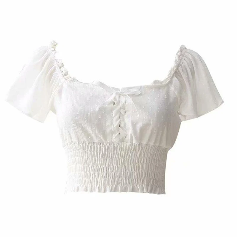 PERHAPS U women white pink solid ruffle short sleeve elastic waist square collar lace-up shirt blouse sweet B0395
PERHAPS U women white pink solid ruffle short sleeve elastic waist square collar lace-up shirt blouse sweet B0395