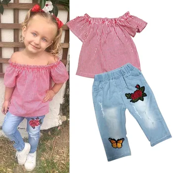 Children Girl Stripe Top Bare Shoulder Denim Long Pant Set Embroidery Fashion Outfit M09
Children Girl Stripe Top Bare Shoulder Denim Long Pant Set Embroidery Fashion Outfit M09