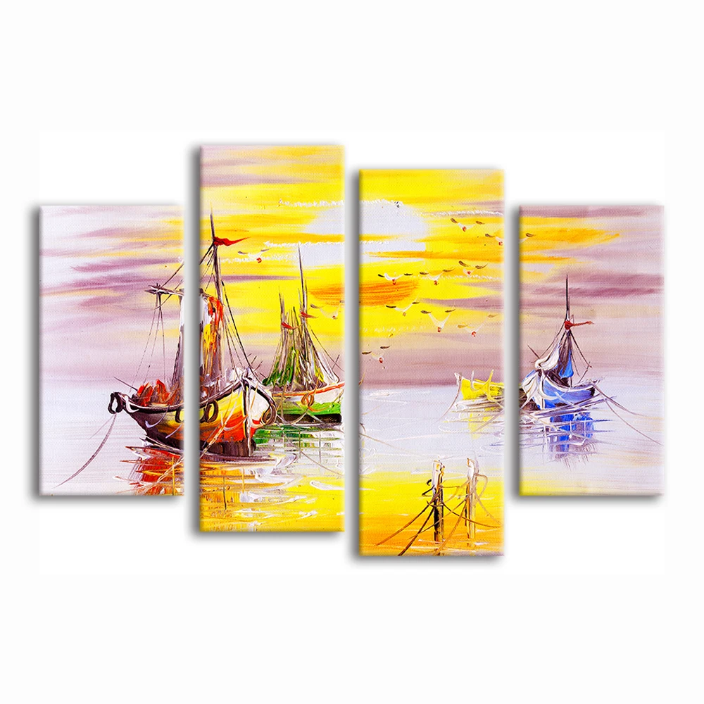 

4 Pieces Abstract Seascape Wall Art Canvas Painting Sailboat on Ocean Print Poster Modern Style Picture Living Room Home Decor