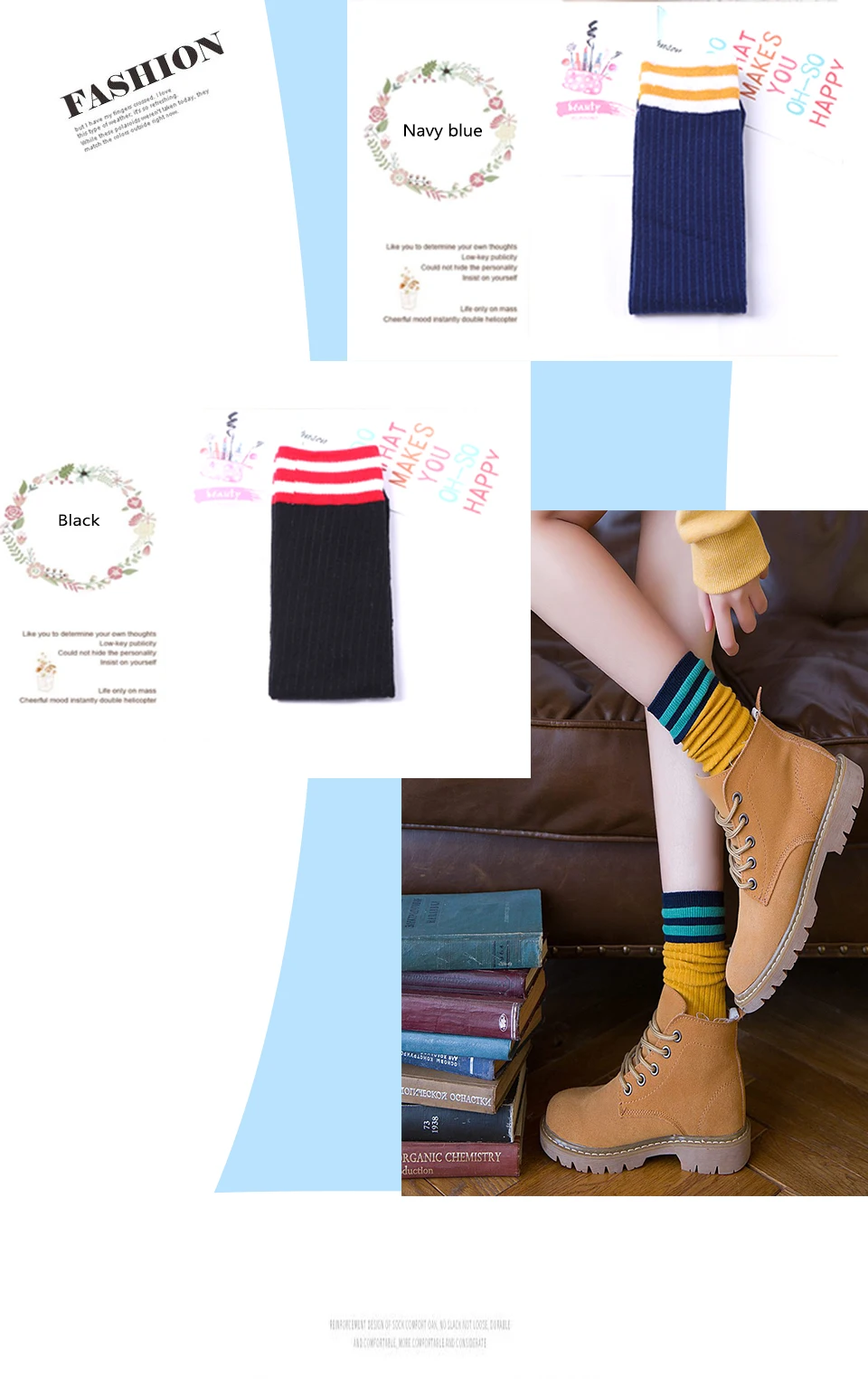 Harajuku Autumn And Winter Warm Fashion Two Bar Stripes Casual Cute Female New Pile In Tube Socks Cotton Japan and South Korea (9)