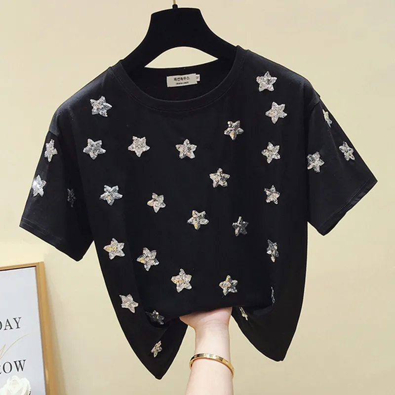 2019 New Fashion Casual White T shirt Women Summer Tops Star Sequined Black T shirt Women Cotton Tops
2019 New Fashion Casual White T shirt Women Summer Tops Star Sequined Black T shirt Women Cotton Tops