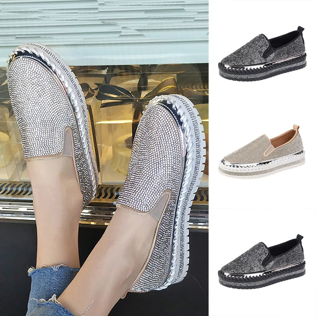 Rhinestones Thick-Soled Flat Shoes Women's Single Shoes Casual Students Shoes Crystal Bling Elastic band Low Heels Black Silver
Rhinestones Thick-Soled Flat Shoes Women's Single Shoes Casual Students Shoes Crystal Bling Elastic band Low Heels Black Silver
