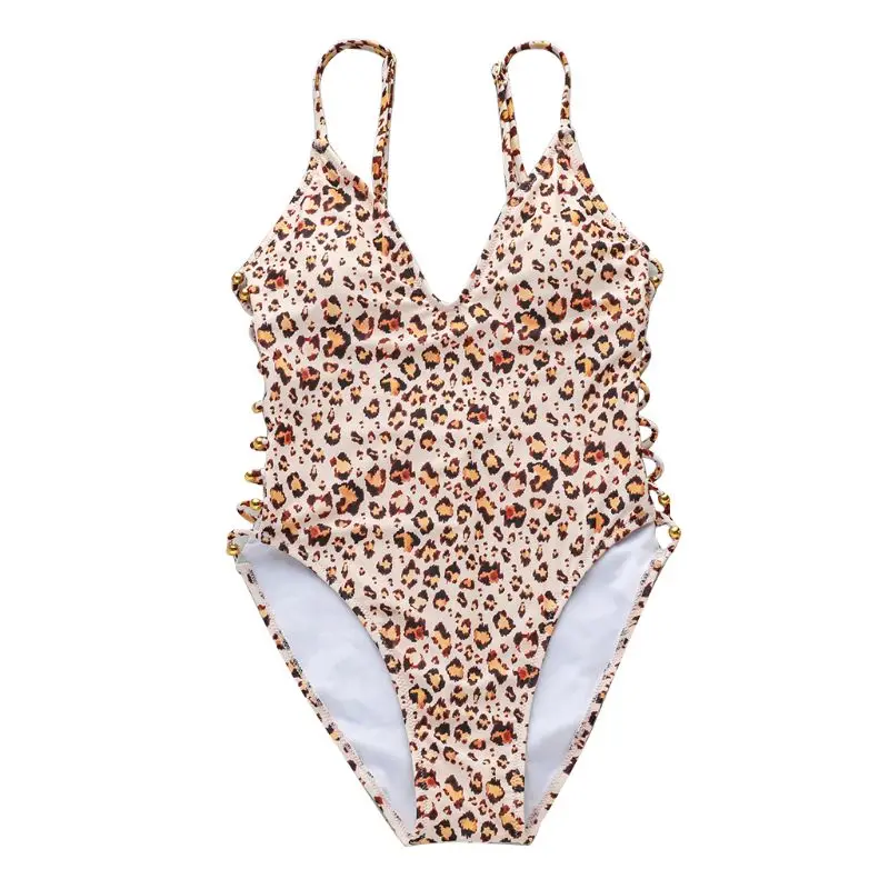 

Women Sexy Vintage Leopard One Piece Bikini Plunging V-Neck High Waist Slim Monokini Side Hollow Out Strappy Beaded Low Cut Back