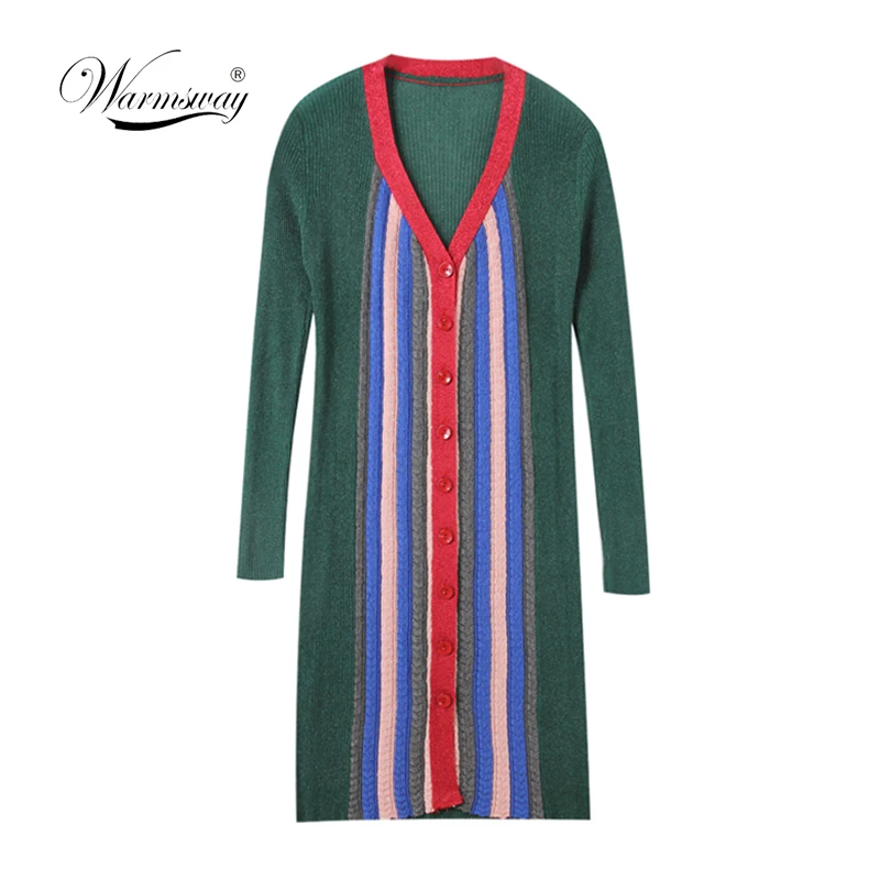 New Autumn Runway Design Knitted Dresses Vintage Retro Stripes Patchwork V-neck Long Sleeve Lurex Party Bandage Dress C-236