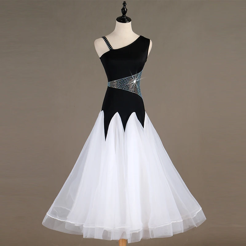 Ballroom Dance Dresses Sleeveless black white foxtrot rhinestone strass Women Stage Waltz Dress MQ076 | Тематическая одежда и