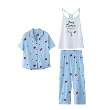 Sexy Spring Autumn Pajamas Set 3 Piece Singlet+Top+Pants 100% Cotton Women Sleepwear Kawaii Japan Korea Style sleeping Cloth
Sexy Spring Autumn Pajamas Set 3 Piece Singlet+Top+Pants 100% Cotton Women Sleepwear Kawaii Japan Korea Style sleeping Cloth