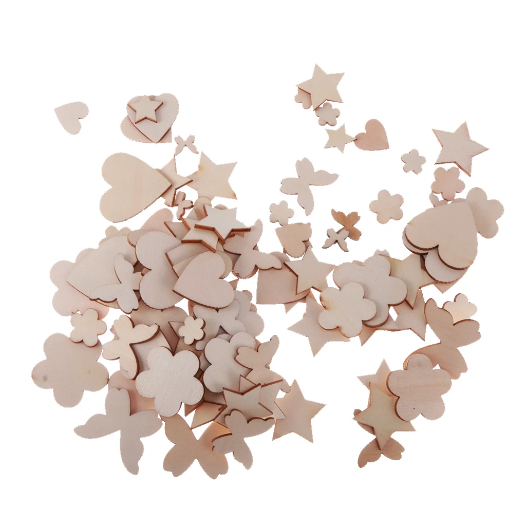 200pcs Assorted Shapes Natural Wooden Craft Embellishments MDF Wood Cutout Scrapbooking for DIY Art Wedding Decoration