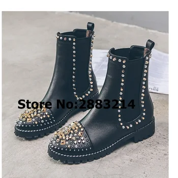 Black Leather Spike Round Toe Women Ankle Booties Shoes Brand Lady Rivets Embellished Motorcycle Boots Shoes Slip-on Short Boots
Black Leather Spike Round Toe Women Ankle Booties Shoes Brand Lady Rivets Embellished Motorcycle Boots Shoes Slip-on Short Boots