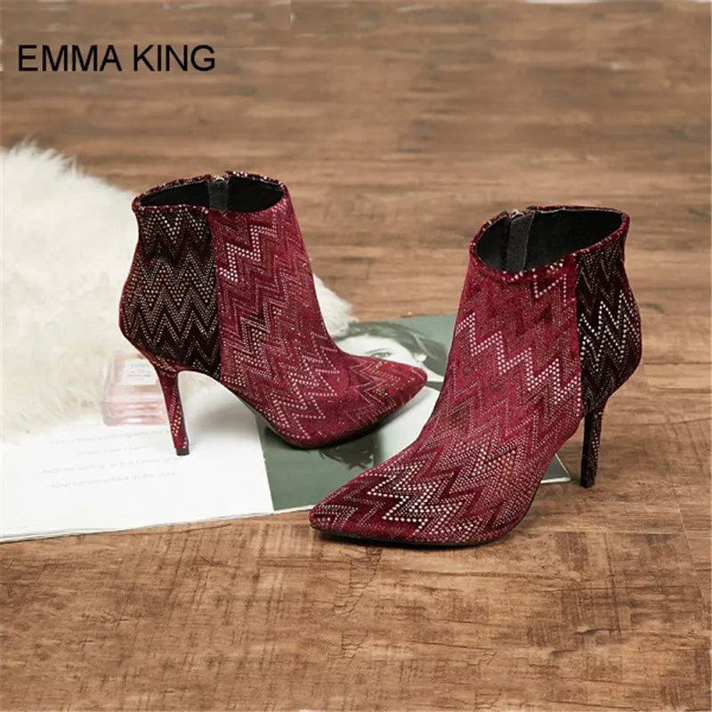 EMMA KING Bling Flock Material Women Ankle Boots Side Zipper Pointed Toe Thin Heel Ladies Elegant Shoes In 2018 New Styles
EMMA KING Bling Flock Material Women Ankle Boots Side Zipper Pointed Toe Thin Heel Ladies Elegant Shoes In 2018 New Styles