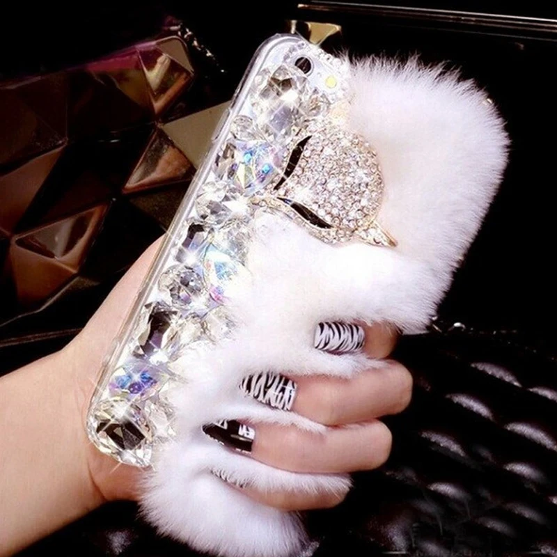 Luxury 3D Fox Rabbit Fur Diamond Crystal Phone font b Cases b font Coque Back Cover