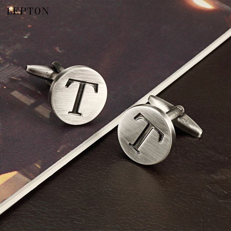 

Lepton Letters T of an alphabet Cufflinks For Mens Antique Silver plated Round Letters T cuff links Men shirt cuffs Cufflinks