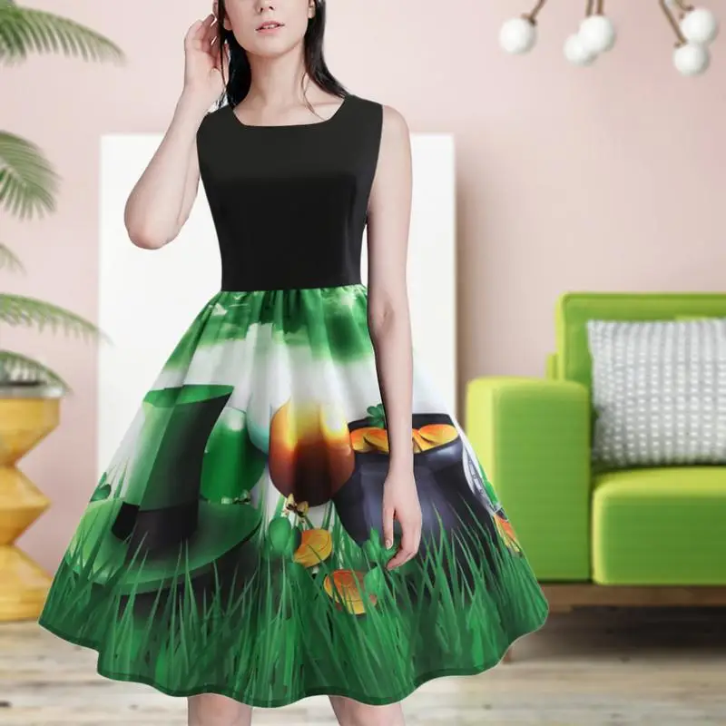 St. Patrick Hepburn Wind Summer Women Dress Sleeveless Stitching Printing Elegant Retro Fashion Knee Fit and Flare Vintage Piece
St. Patrick Hepburn Wind Summer Women Dress Sleeveless Stitching Printing Elegant Retro Fashion Knee Fit and Flare Vintage Piece