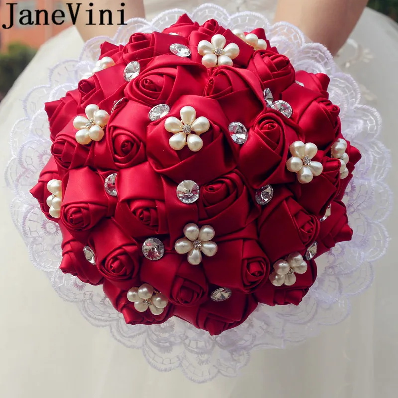 

JaneVini 2019 Beaded Burgundy Flower White Lace Bridal Bouquet Pearls Crystals Sparkly Wedding Bouquets Bridesmaid Trouw Boeket