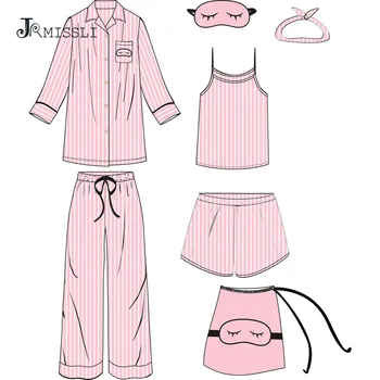 JRMISSLI Woman Striped Pajama Set Silk Full Shorts Spaghetti Strap Home Suit Summer Spring Autumn 7 Piece Pyjamas
JRMISSLI Woman Striped Pajama Set Silk Full Shorts Spaghetti Strap Home Suit Summer Spring Autumn 7 Piece Pyjamas