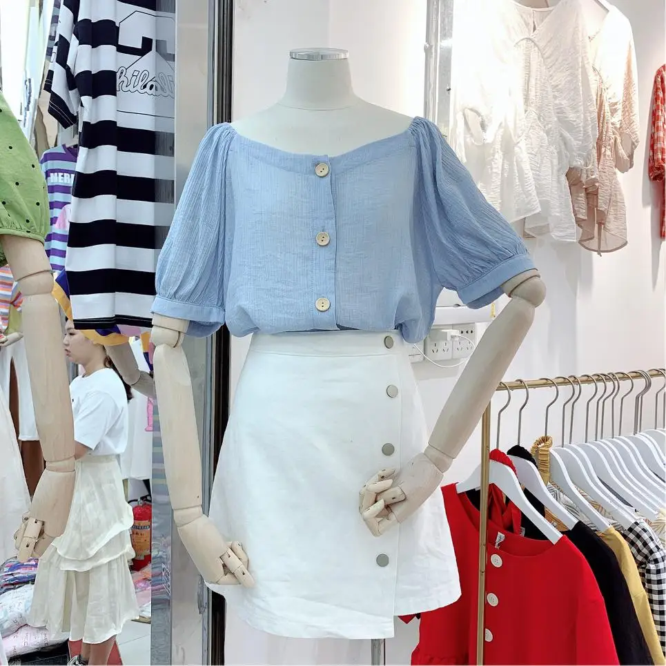 Blue/White/Yellow Young Lady Summer Shirts Slash Neck Single-Breasted Pleated Short Puff Sleeve Cotton Linen Blouses Wholesale
Blue/White/Yellow Young Lady Summer Shirts Slash Neck Single-Breasted Pleated Short Puff Sleeve Cotton Linen Blouses Wholesale