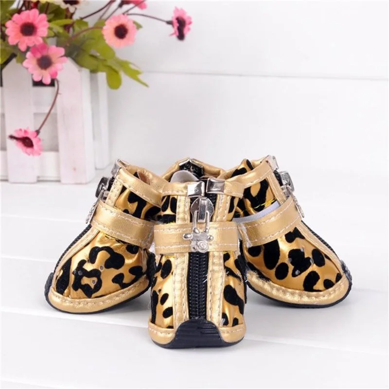 Image 4pcs lot fashion cute pet dog cat PU anti slip warm shoes Teddy dog cat shoes with Leopard Leather Doggy Puppy Clothes CW 80046