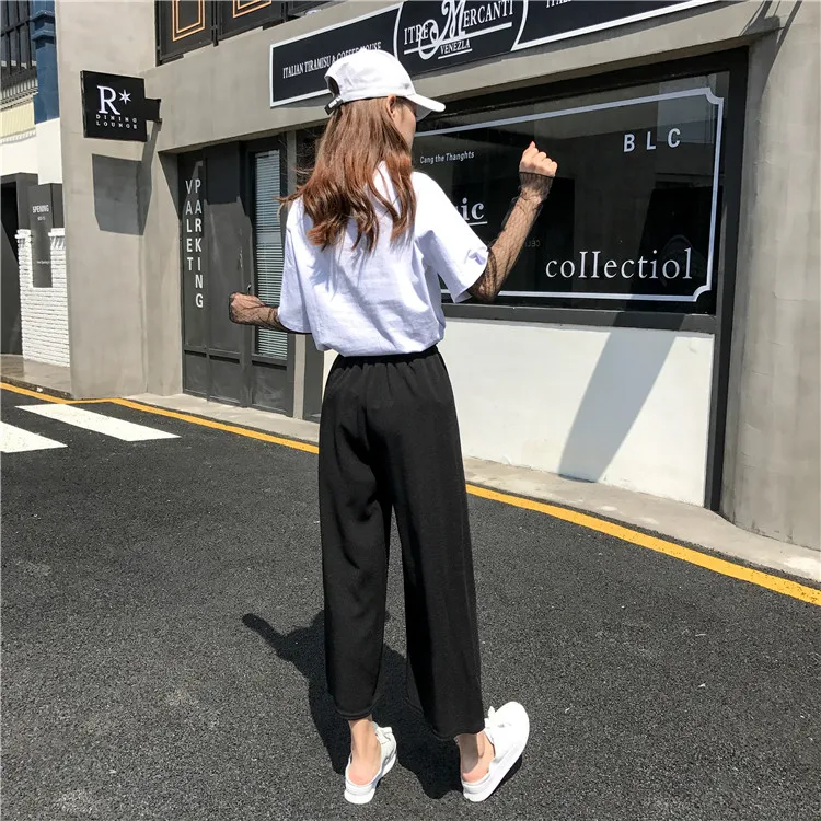 Plus Size - Casual Elastic Waist Loose Wide Leg Pants Preppy Style Trousers Female Palazzo Pants (Us 18W-20W)