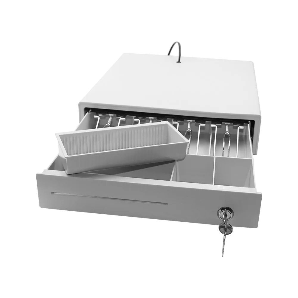 

Heavy Duty Cash Drawer Four-Grid Three-Gear POS Cash Register Drawers Cashbox with Money Tray and Lock RJ11 Interface