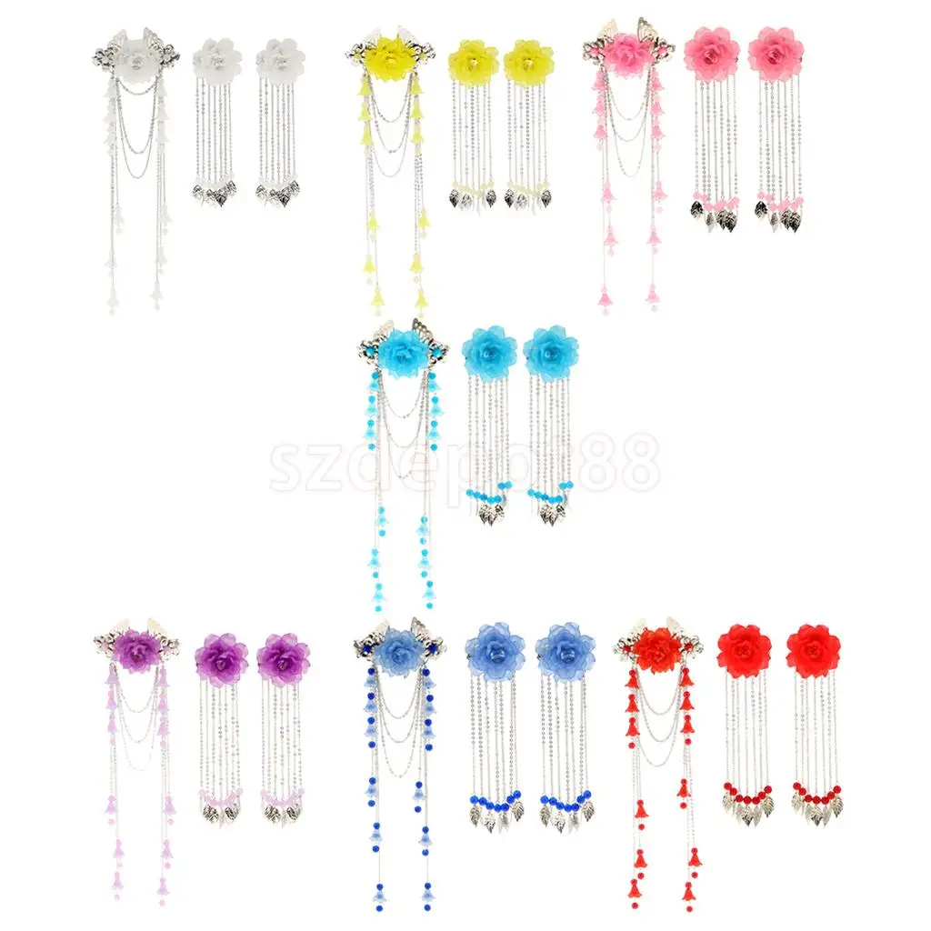 3 Pieces Costume Classic Flower Hair Clip Tassel Hair Barrette for Hanfu COS Hair Ornaments