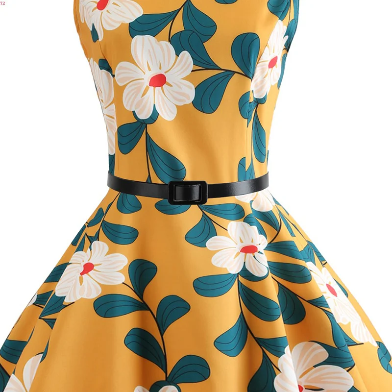 Kostlich Women Floral Printed Big Swing Dress Summer Hepburn Vintage Dress With Sashes O-Neck Casual Ladies Dresses Plus Size (5)