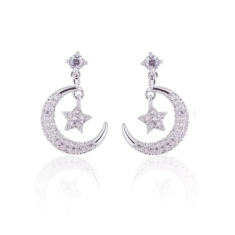 Fashion Women Jewelry Luxury Cubic Zircon Asymmetric Moon Star Earrings Silver Color Crystal Drop Earrings Wedding Jewelry
Fashion Women Jewelry Luxury Cubic Zircon Asymmetric Moon Star Earrings Silver Color Crystal Drop Earrings Wedding Jewelry