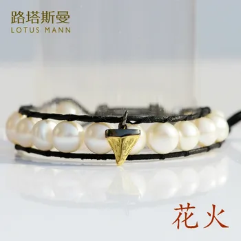 

Lotus Mann large irregular white pearl silver freshwater fish tooth pendant lap black leather cord bracelet