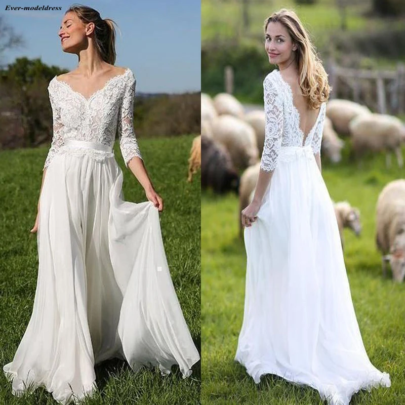 Beach Wedding Dresses Boho 2019 Lace Chiffon V-Neck Backless Sweep Train 3/4 Long Sleeves Sexy Bridal Gowns Robe De Mariee
Beach Wedding Dresses Boho 2019 Lace Chiffon V-Neck Backless Sweep Train 3/4 Long Sleeves Sexy Bridal Gowns Robe De Mariee