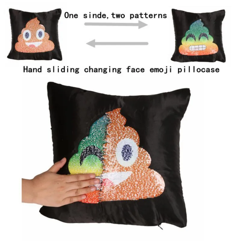 

40x40cm Emoji Pillow Cushion Cover Facial Expression Double-sided Sequins Pillowcase Amusing Emotion Poo Decorative For Sofa