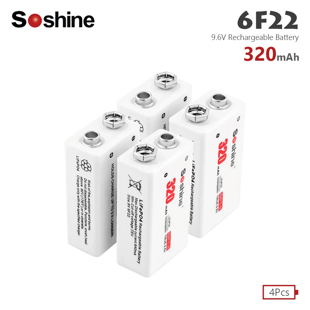 Soshine 6F22 PPP3 6LR61 Lithium Battery Rechargeable 320mAh 9.6V LiFePO4 Batteries lithium batteria Suitable for flashlight
Soshine 6F22 PPP3 6LR61 Lithium Battery Rechargeable 320mAh 9.6V LiFePO4 Batteries lithium batteria Suitable for flashlight