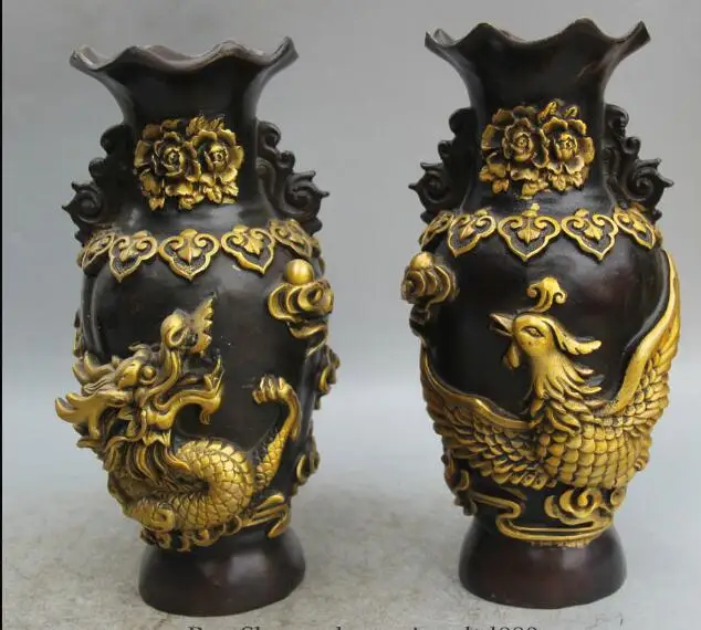 S00962 10" Marked Chinese palace Bronze Gild Dragon phoenix flower Bottle Vase Pair V
S00962 10" Marked Chinese palace Bronze Gild Dragon phoenix flower Bottle Vase Pair V