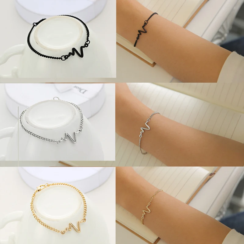 Korean Creative Simple ECG Lightning Bracelets Personality Minimalist Design Couple Heartbeat Heart Rate Bracelet Women Jewelry | Украшения