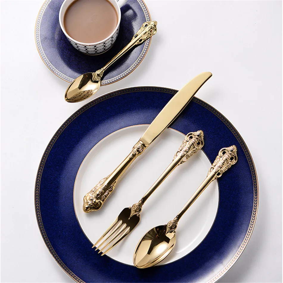 Retro Vintage Western Gold Plated Relief Cutlery Dining Knives Forks Teaspoon Set Golden Luxury Dinnerware Tableware Set 4 pcs (9)