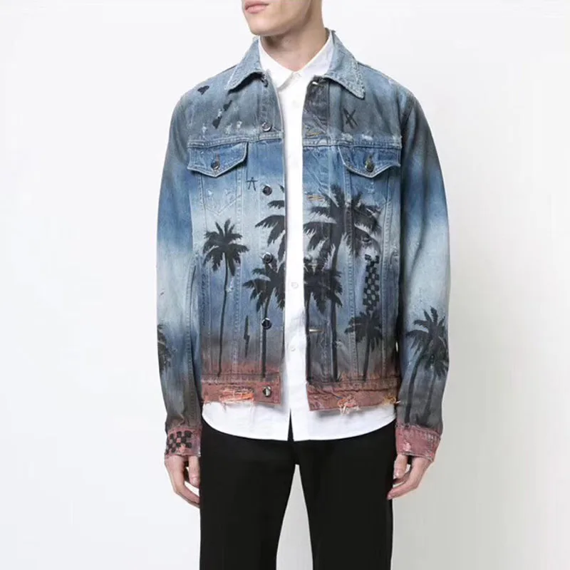 Мужская джинсовая куртка в стиле хип-хоп модная Осенняя уличная с принтом
