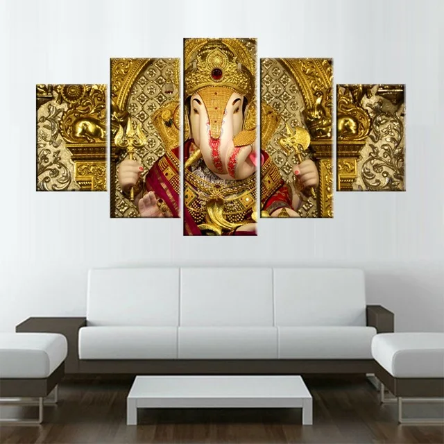 Canvas HD Prints Pictures Living Room Wall Art 5 Pieces Golden Ganesha Paintings Elephant Head God Posters Home Decor Framework | Дом и сад