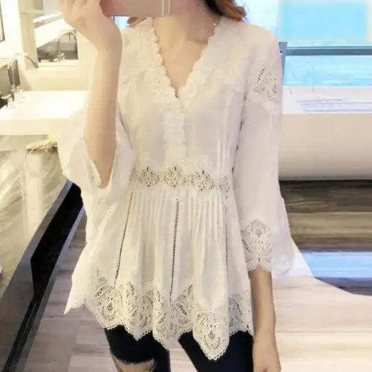 Lace Blouse Women Three Quarter 3/4 Bell Flare Sleeve Deep V-Neck White Cotton Tops Elegant Lady Hollow Out Lace Shirt AE469
Lace Blouse Women Three Quarter 3/4 Bell Flare Sleeve Deep V-Neck White Cotton Tops Elegant Lady Hollow Out Lace Shirt AE469