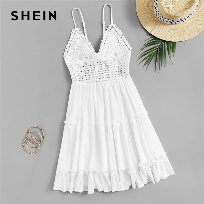 

SHEIN Boho White Tie Back Frilled Trim Crochet Slip Cami Summer Dress Women High Waist Flounce 2019 Mini Solid Sexy Lace Dresses