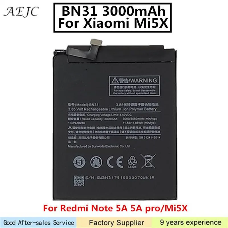 3000mAh BN31 Battery For Xiaomi Mi 5X Mi5X For Redmi Note 5A 5A Pro Lithium Polymer Bateria Replacement Spare Parts
3000mAh BN31 Battery For Xiaomi Mi 5X Mi5X For Redmi Note 5A 5A Pro Lithium Polymer Bateria Replacement Spare Parts