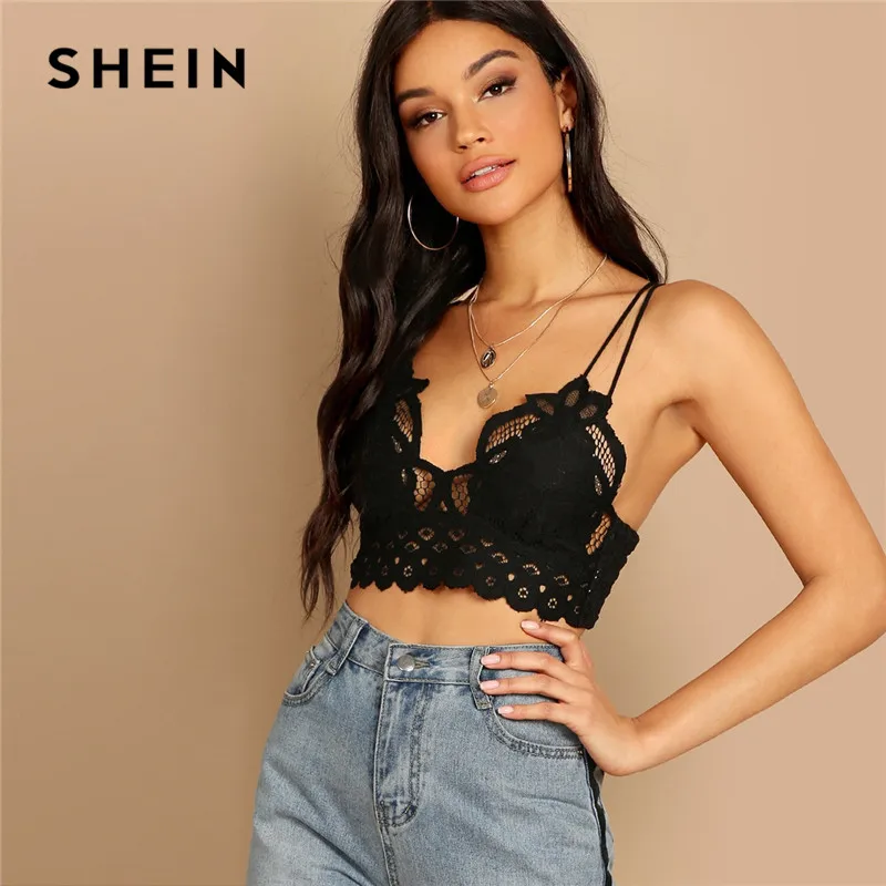 

SHEIN Black Lace Up Back Criss Cross Lace Cami Women Summer Tops Sexy Slim Fit Backless Spaghetti Strap Solid Crop Top
