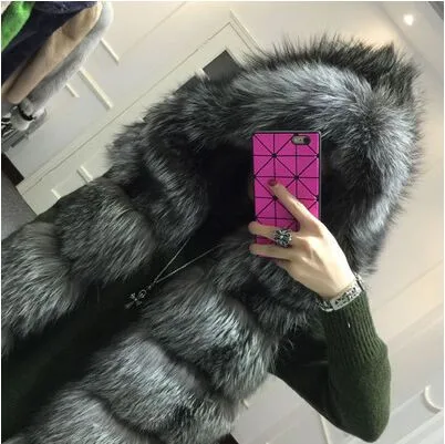 Фото 2018 winter coat Faux silver fox fur hooded vest stripe medium-long large size women faux waistcoat | Женская одежда
