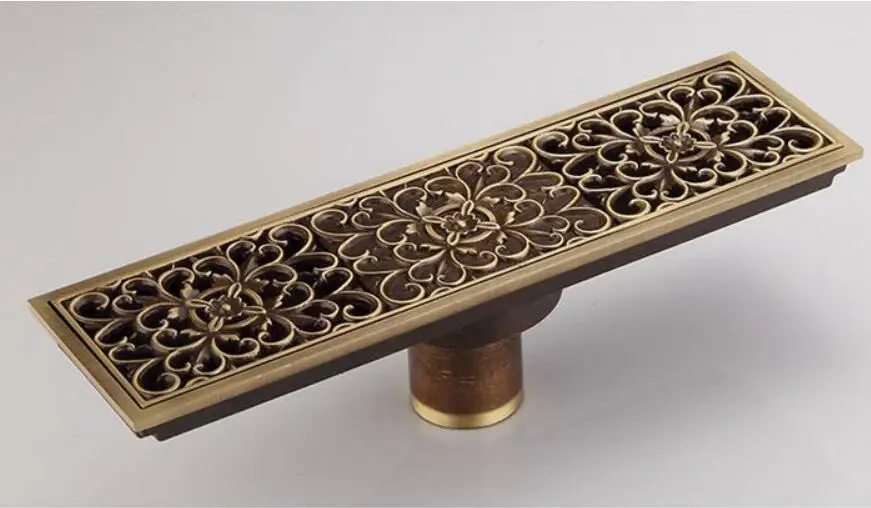 

8*28cm Euro Style Antique Brass Bathroom Linear Shower floor Drain Wire Strainer Art Carved Cover Waste deodorize Drainer