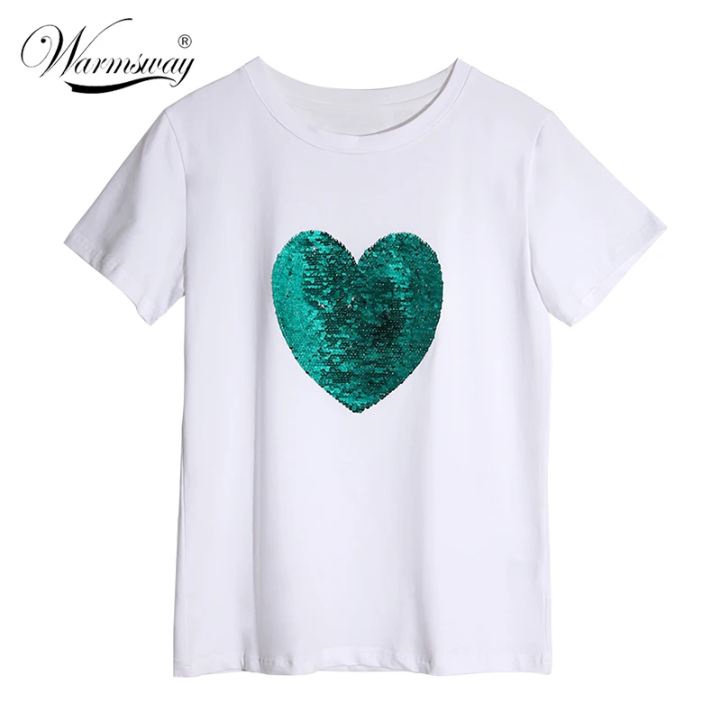 High Quality Plus Size Reflected Sequins Casual T-shirt Women Cotton Loose Tee Summer Top Sale Love Discoloration Pullover B-160