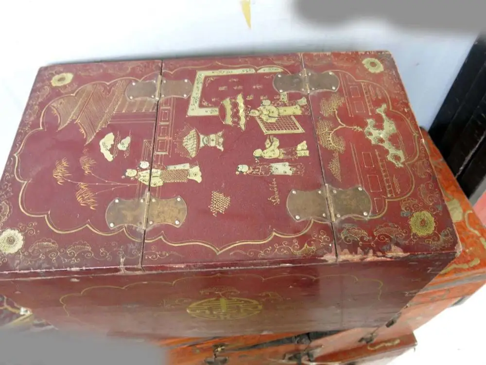 10" China old wood lacquerware hand-made fine drawer Dressing box Statue